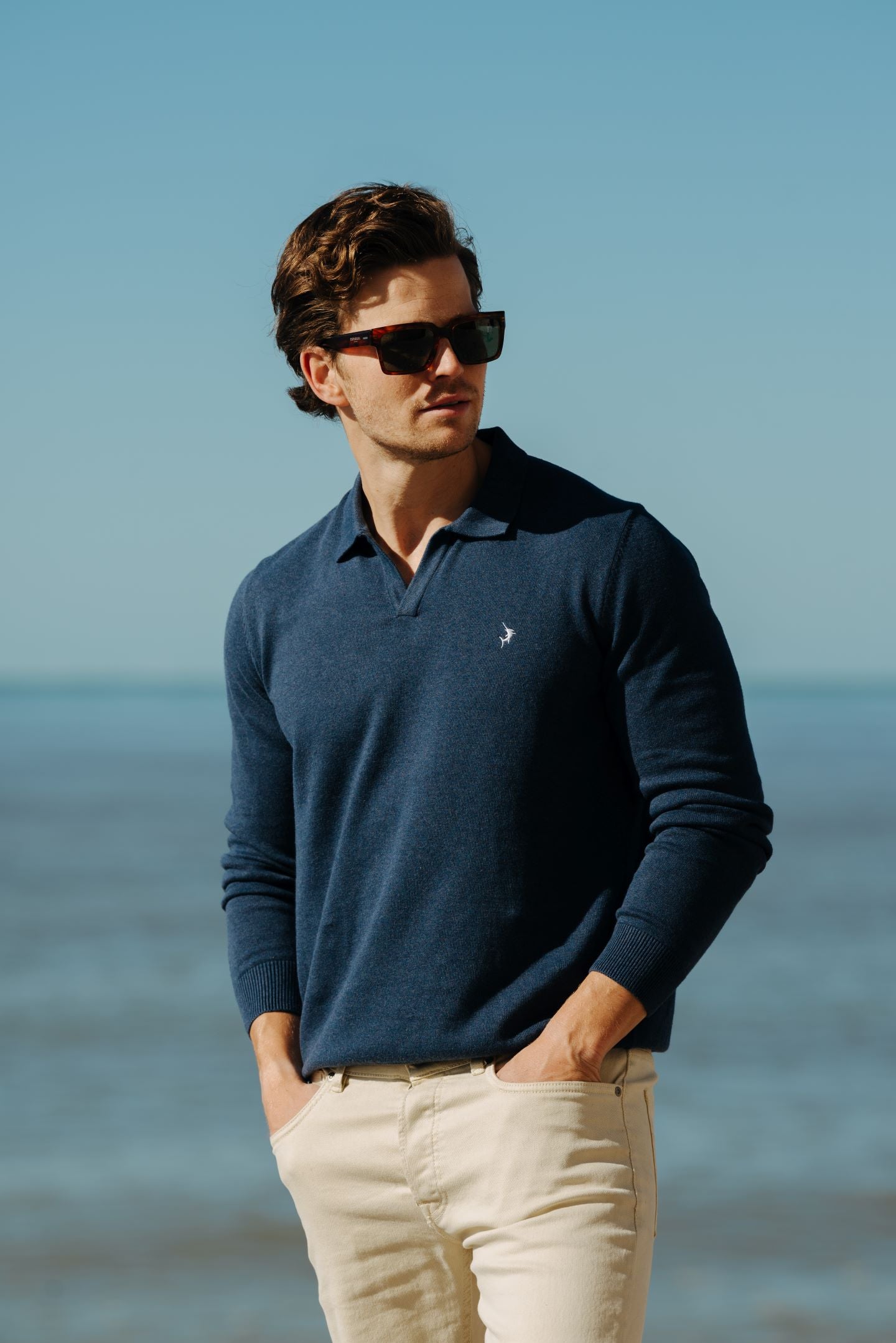 Buttonless Long Sleeve Cotton Knit Polo - Marine Blue