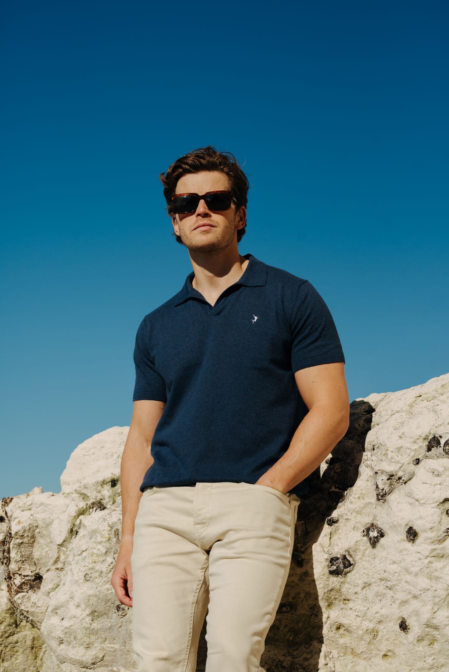 Buttonless Cotton Knit Polo Shirt - Marine Blue