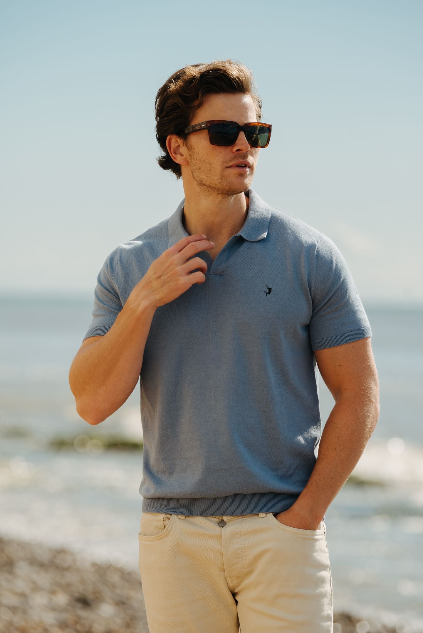 Buttonless Cotton Knit Polo Shirt - Sky Blue