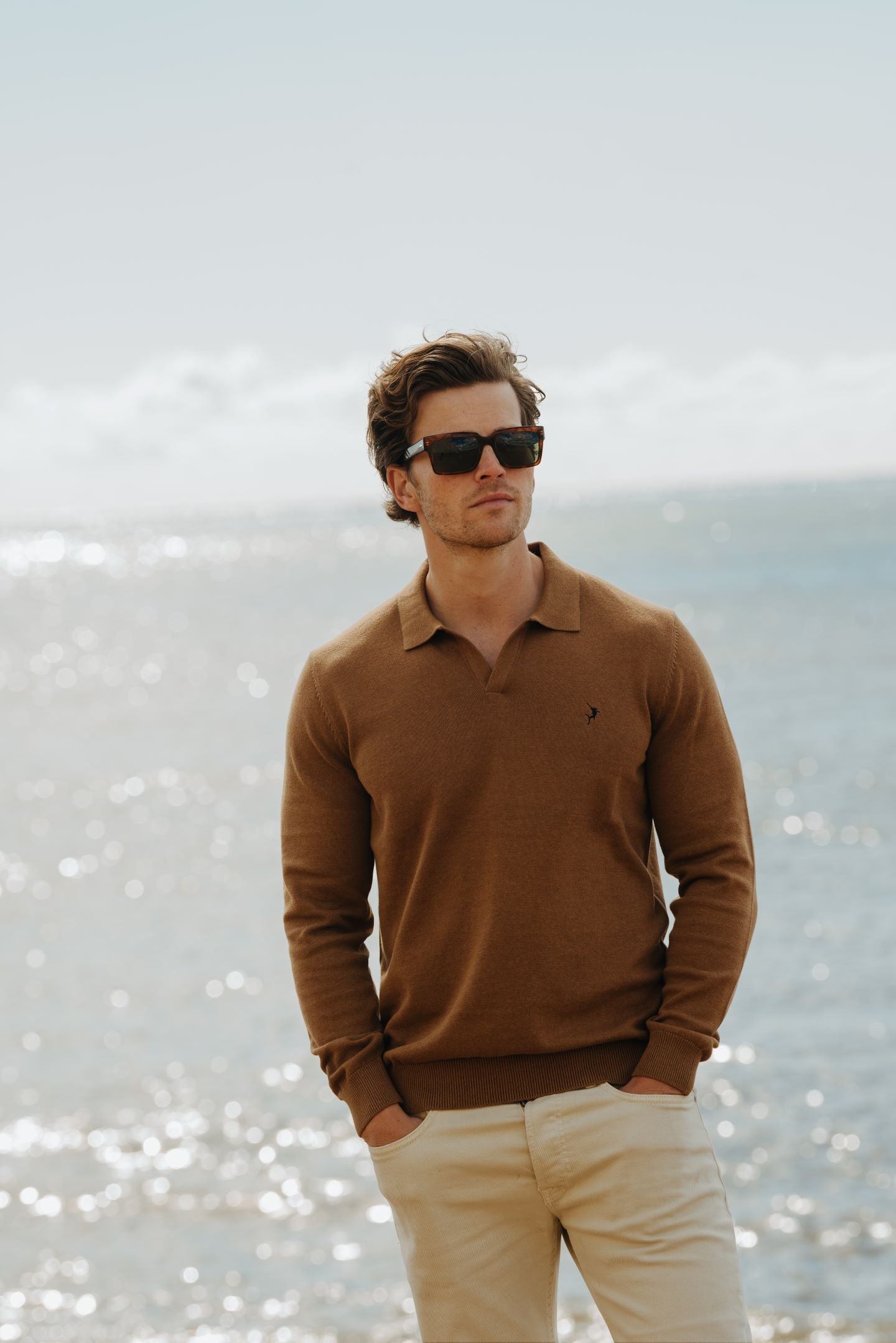 Buttonless Long Sleeve Cotton Knit Polo - Camel