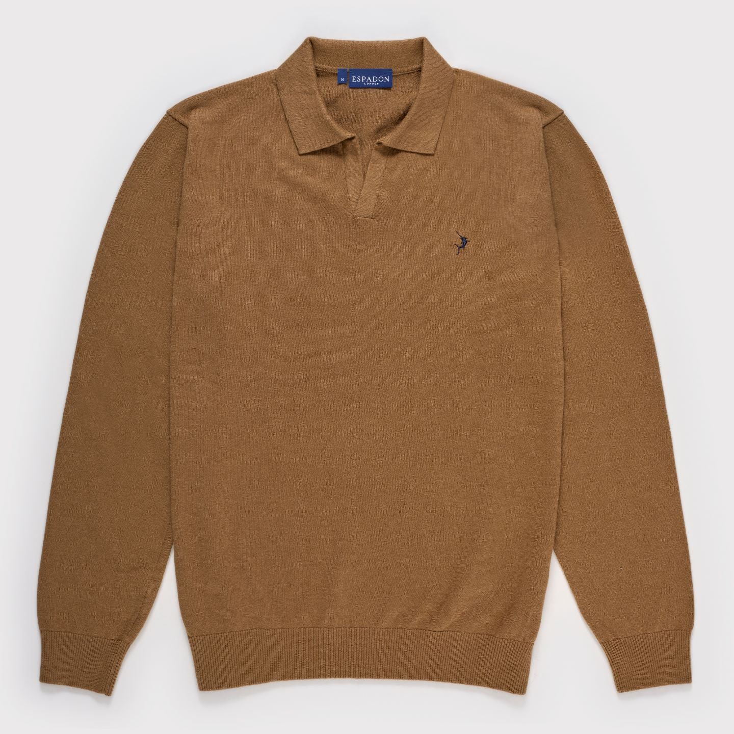 Buttonless Long Sleeve Cotton Knit Polo - Camel