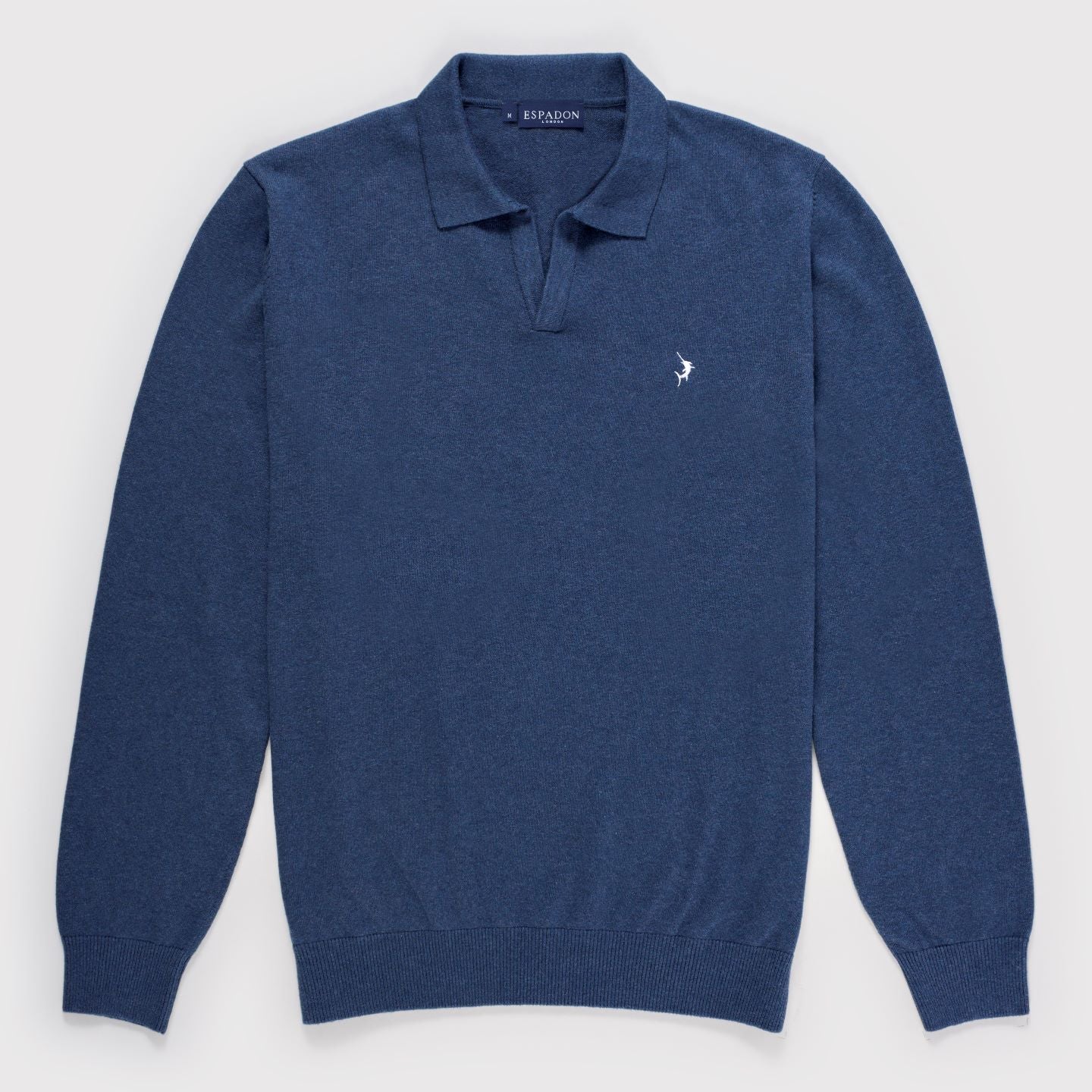 Buttonless Long Sleeve Cotton Knit Polo - Marine Blue