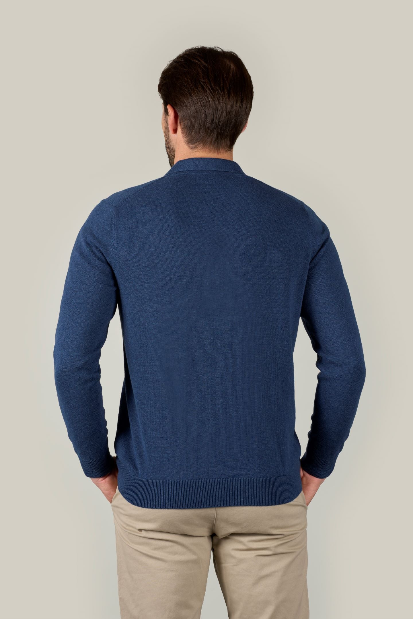 Buttonless Long Sleeve Cotton Knit Polo - Marine Blue