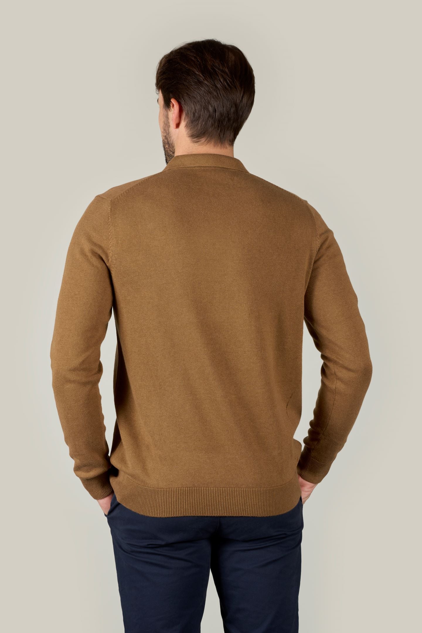 Buttonless Long Sleeve Cotton Knit Polo - Camel