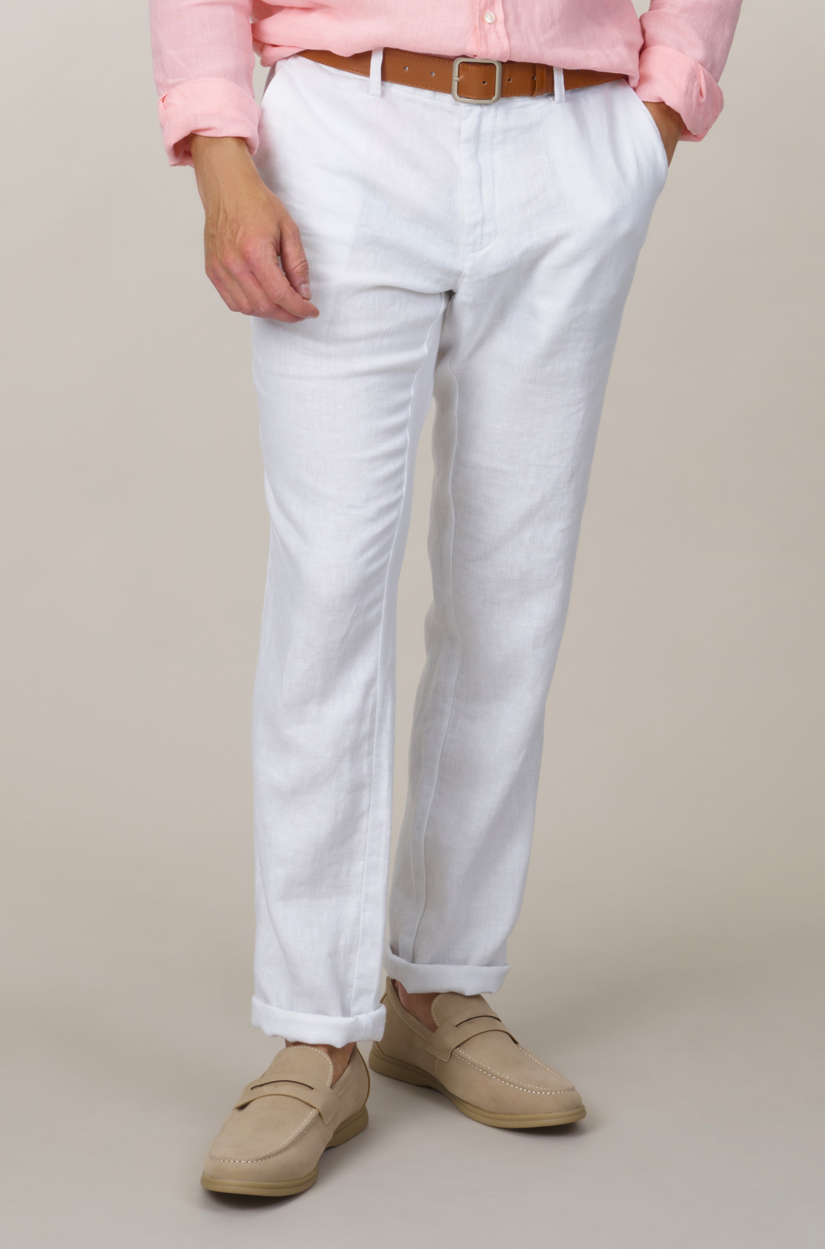 Straight Fit Linen Trousers - White