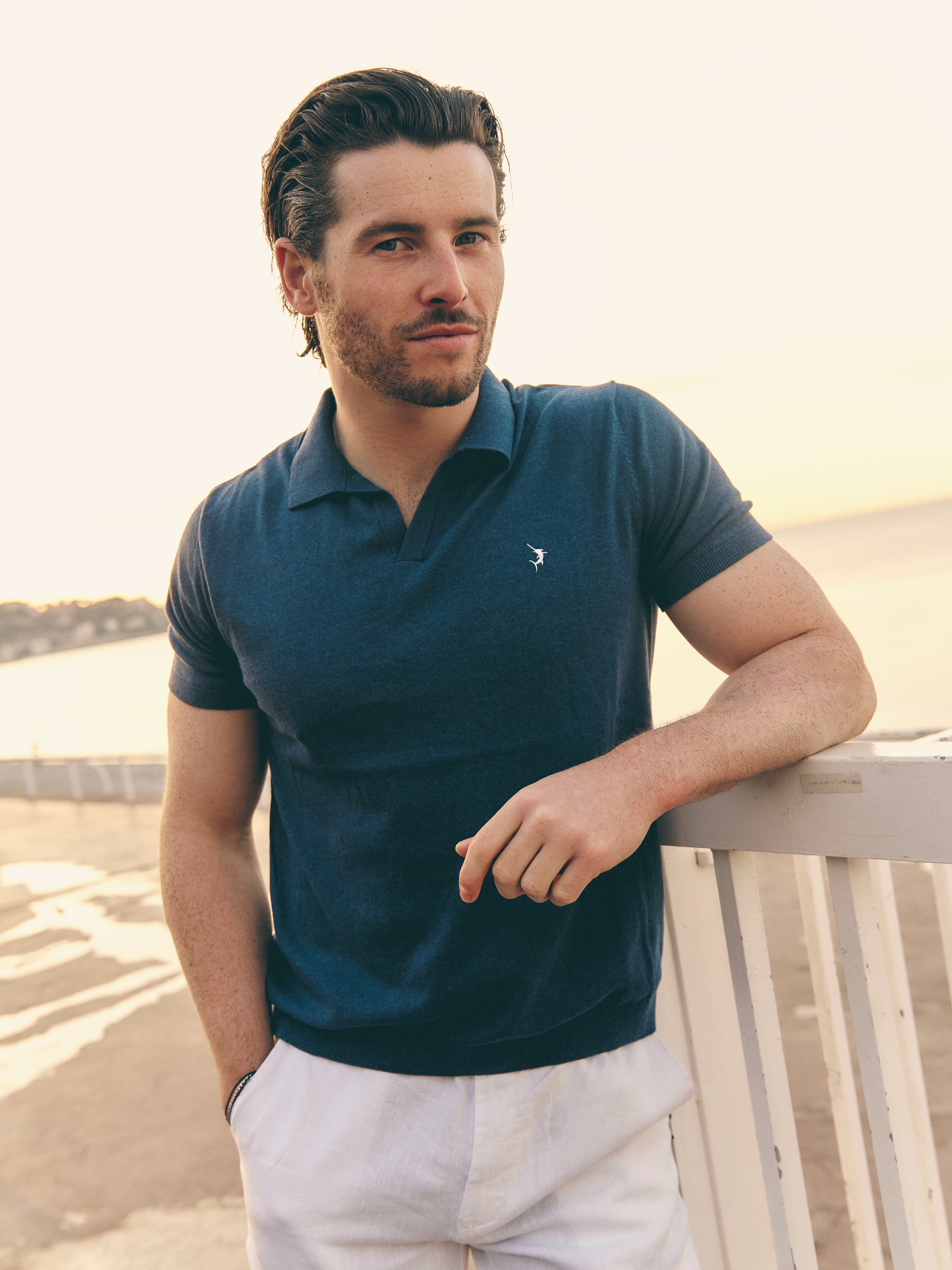 Buttonless Cotton Knit Polo Shirt - Marine Blue