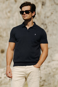 Buttonless Cotton Knit Polo Shirt - Navy Blue