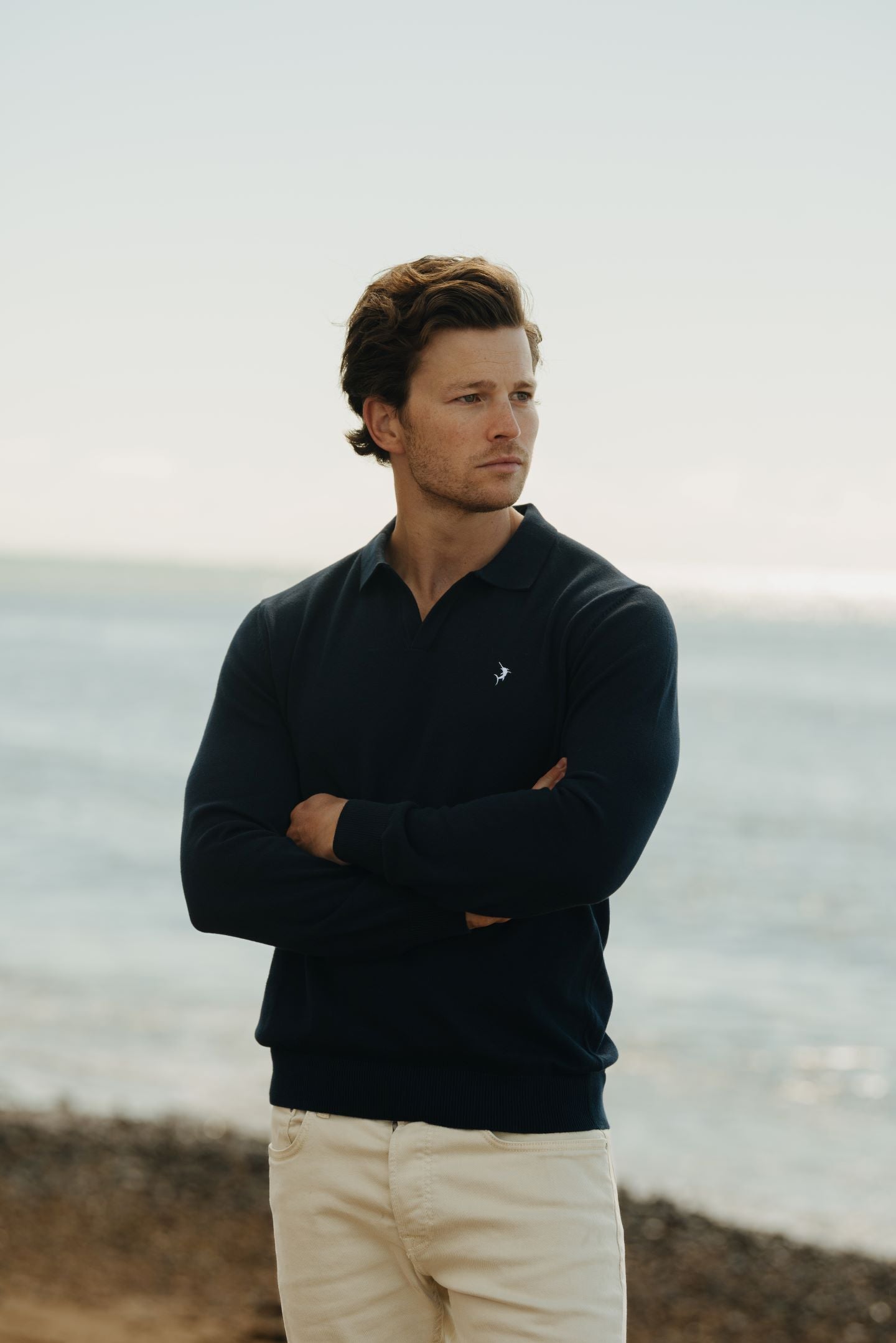 Buttonless Long Sleeve Cotton Knit Polo - Navy Blue