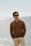Buttonless Long Sleeve Cotton Knit Polo - Camel
