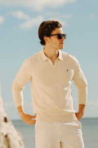 Buttonless Long Sleeve Cotton Knit Polo - Ecru