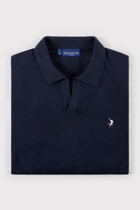 Buttonless Cotton Knit Polo Shirt - Navy Blue