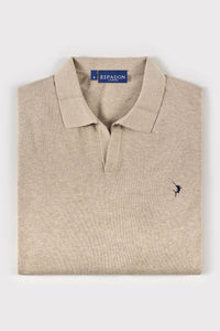 Buttonless Long Sleeve Cotton Knit Polo - Fawn