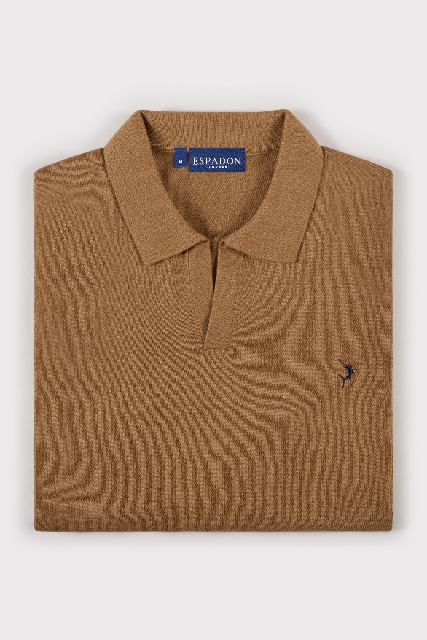 Buttonless Long Sleeve Cotton Knit Polo - Camel