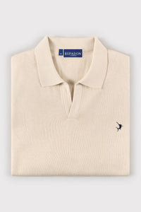 Buttonless Long Sleeve Cotton Knit Polo - Ecru