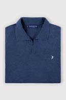 Buttonless Long Sleeve Cotton Knit Polo - Marine Blue