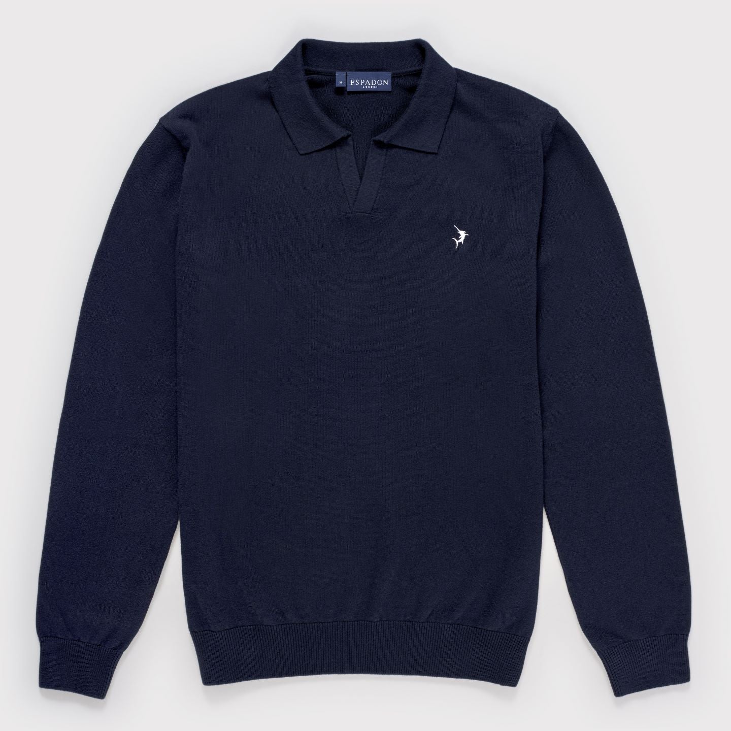 Buttonless Long Sleeve Cotton Knit Polo - Navy Blue