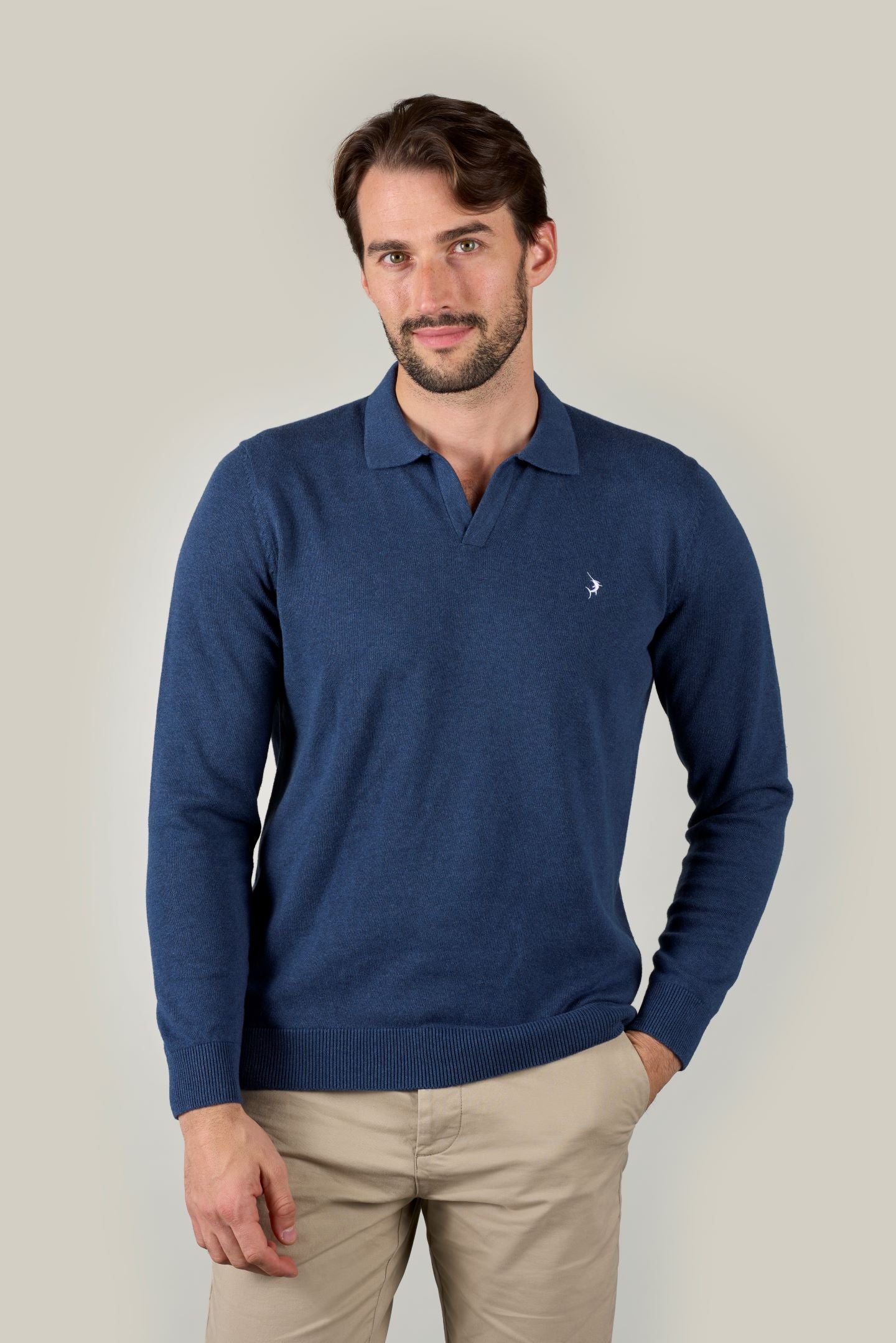 Buttonless Long Sleeve Cotton Knit Polo - Marine Blue