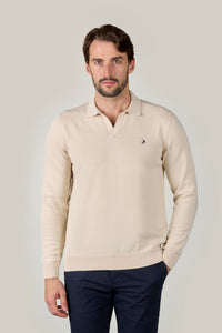 Buttonless Long Sleeve Cotton Knit Polo - Ecru