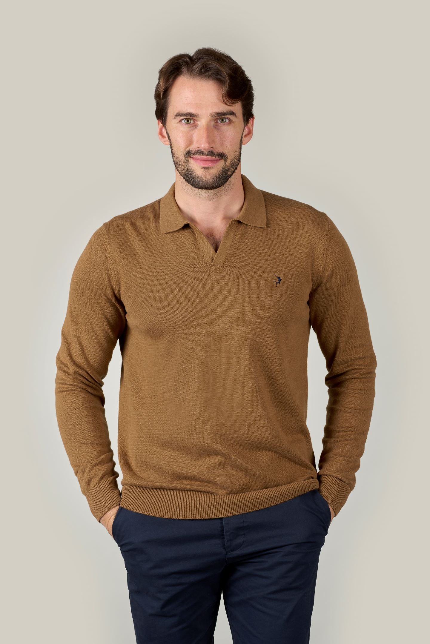 Buttonless Long Sleeve Cotton Knit Polo - Camel