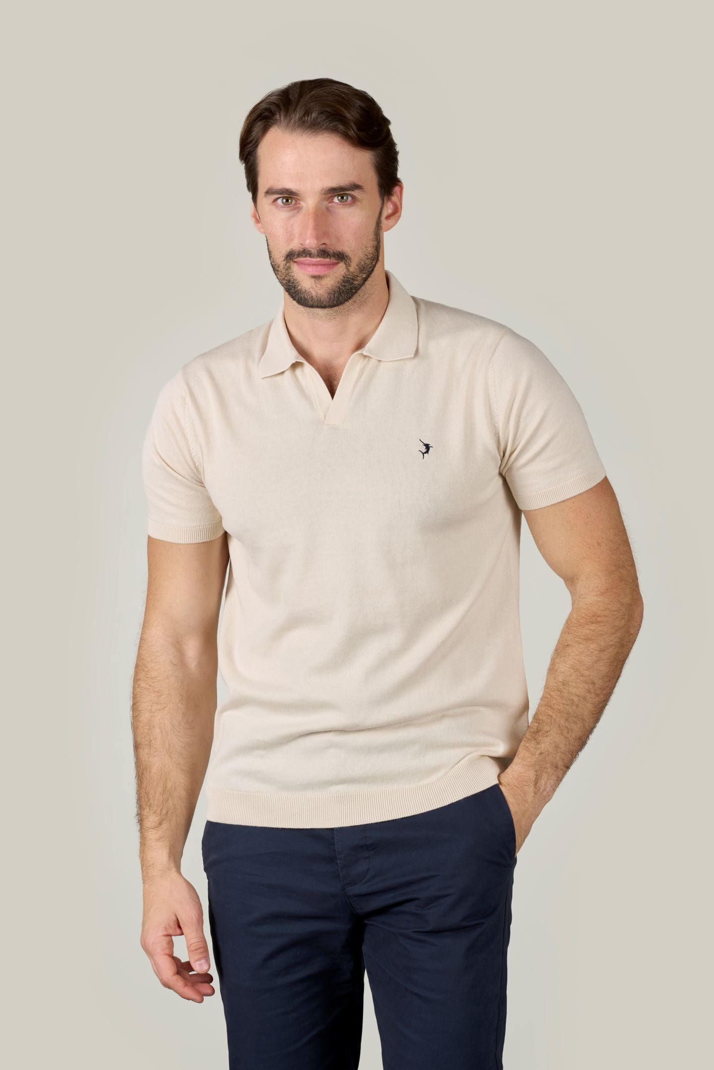 Buttonless Cotton Knit Polo Shirt - Ecru