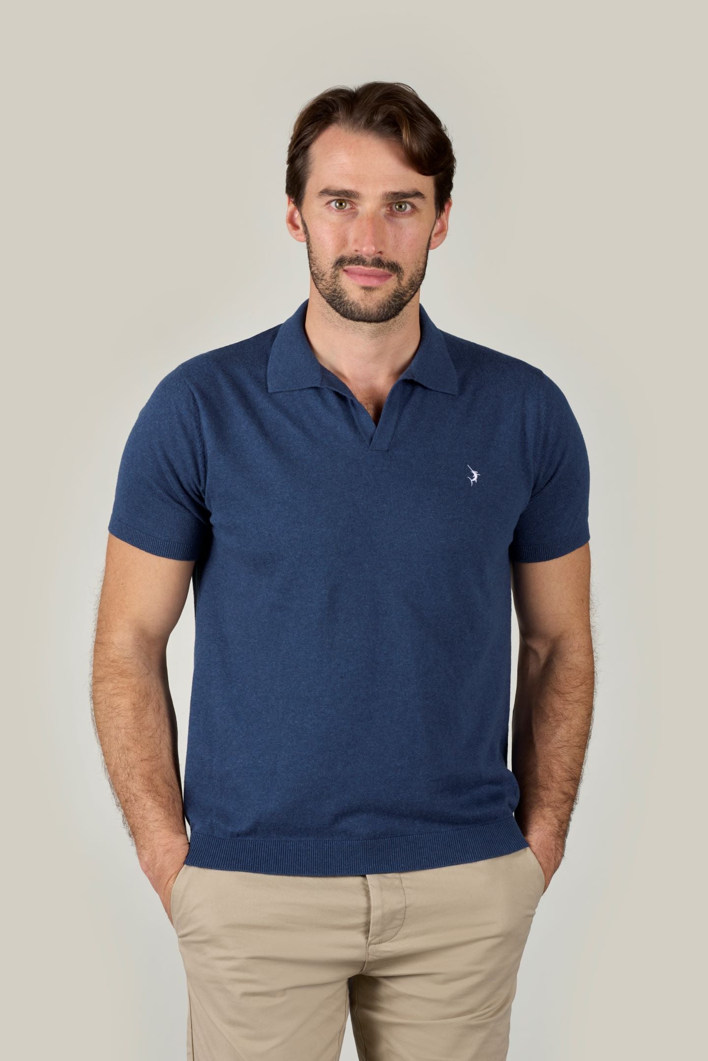 Buttonless Cotton Knit Polo Shirt - Marine Blue