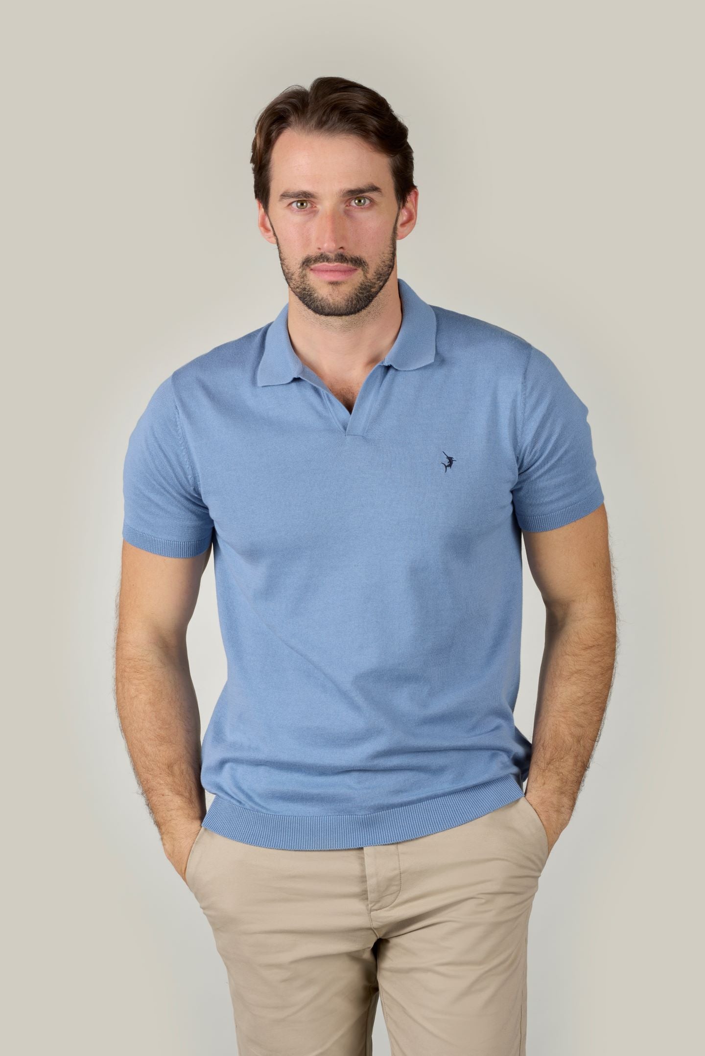 Buttonless Cotton Knit Polo Shirt - Sky Blue