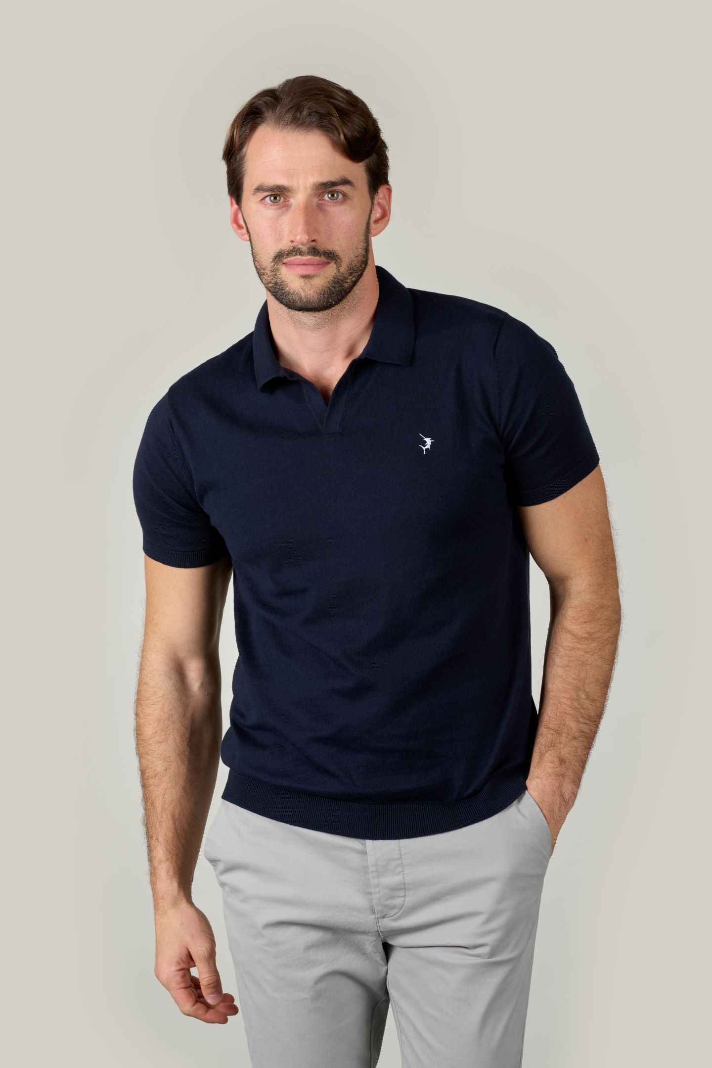 Buttonless Cotton Knit Polo Shirt - Navy Blue