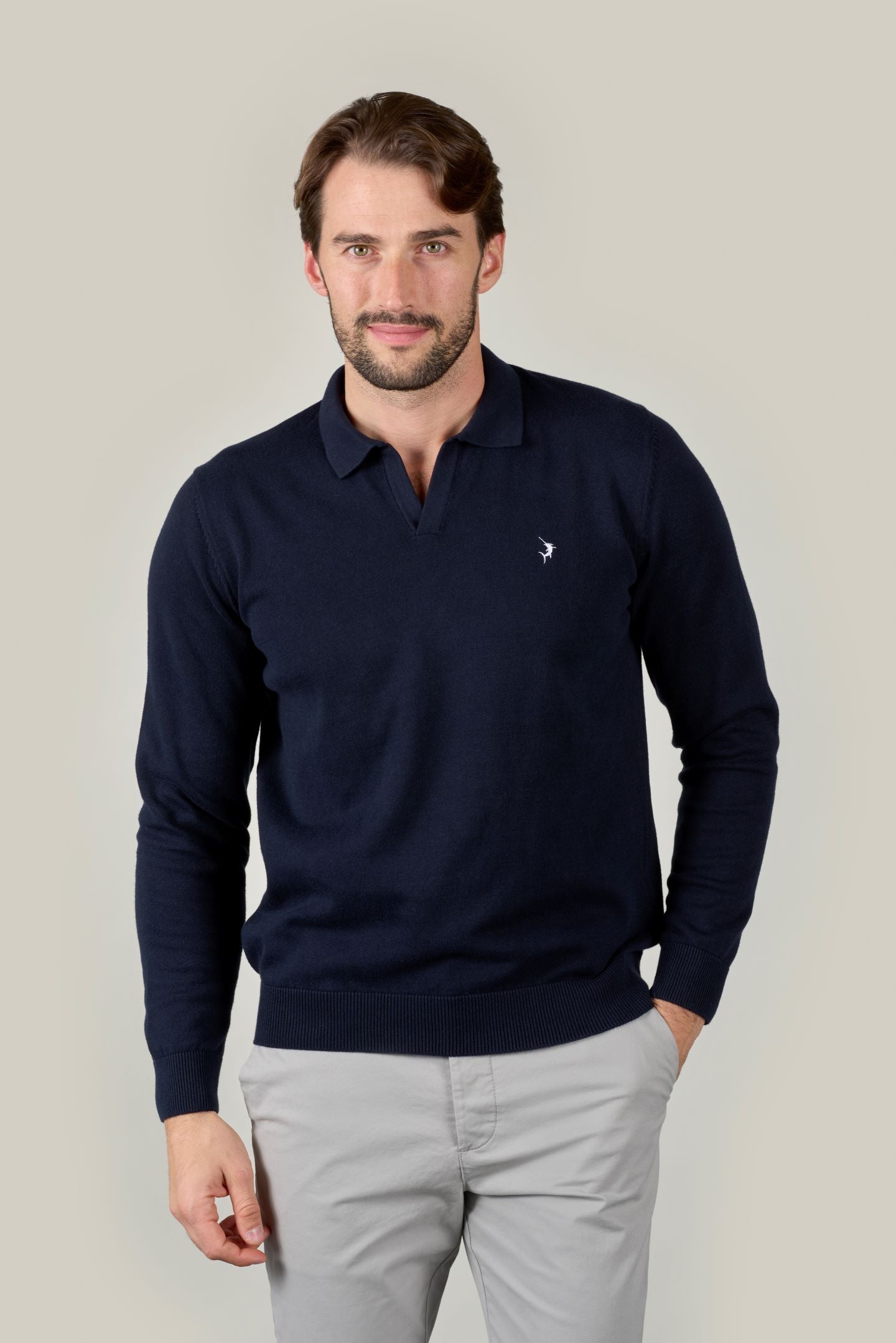 Buttonless Long Sleeve Cotton Knit Polo - Navy Blue