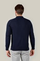 Buttonless Long Sleeve Cotton Knit Polo - Navy Blue