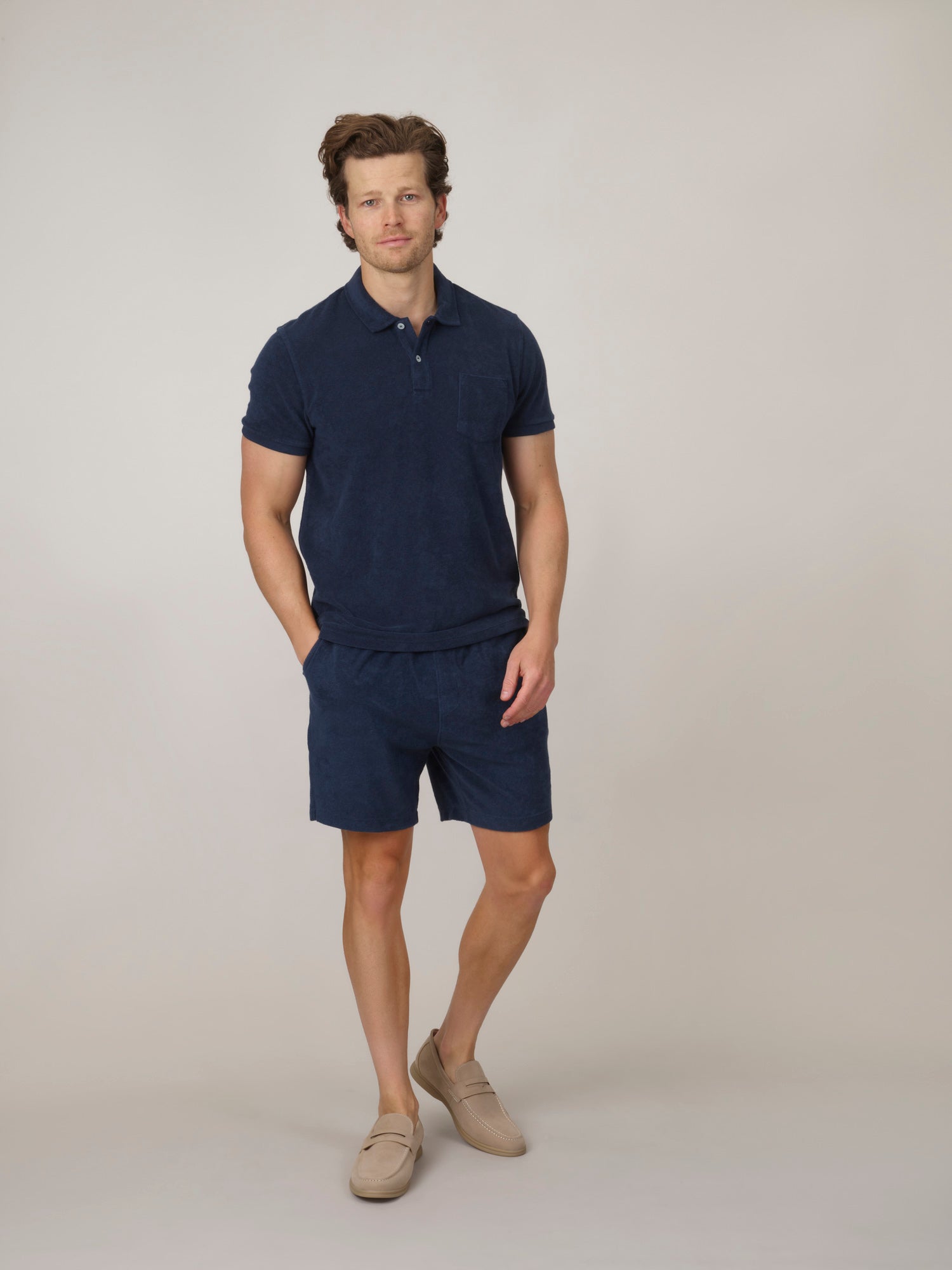 Classic Fit Towelling Polo - Navy