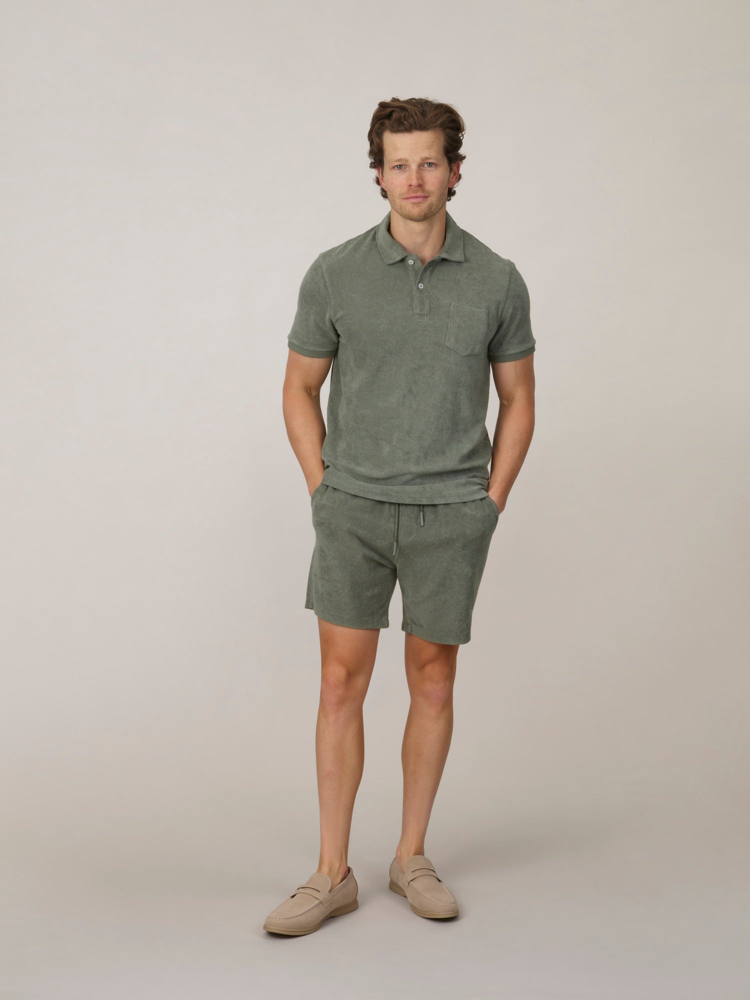 Classic Fit Towelling Polo - Olive