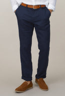 Straight Fit Linen Trousers - Navy