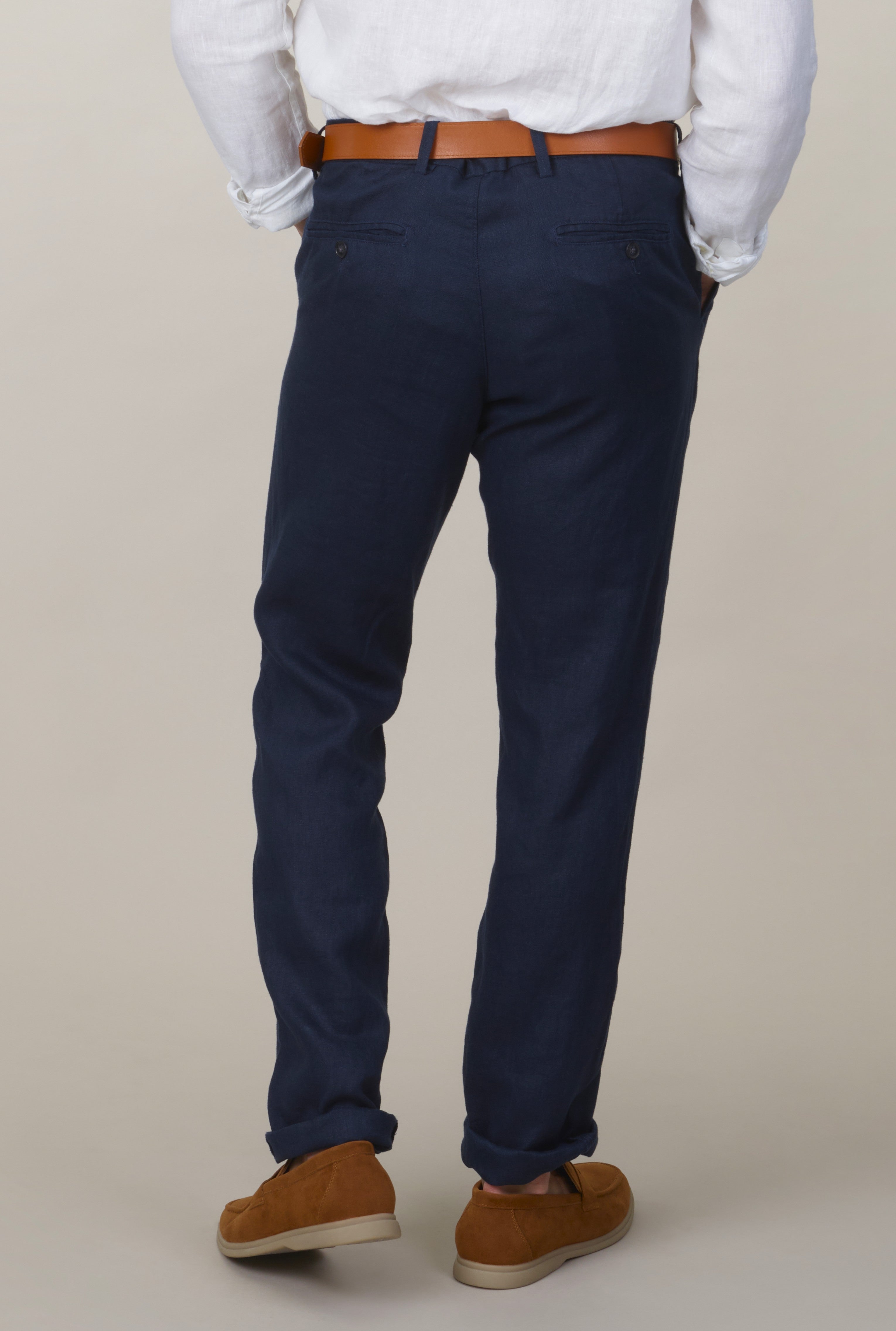 Straight Fit Linen Trousers - Navy