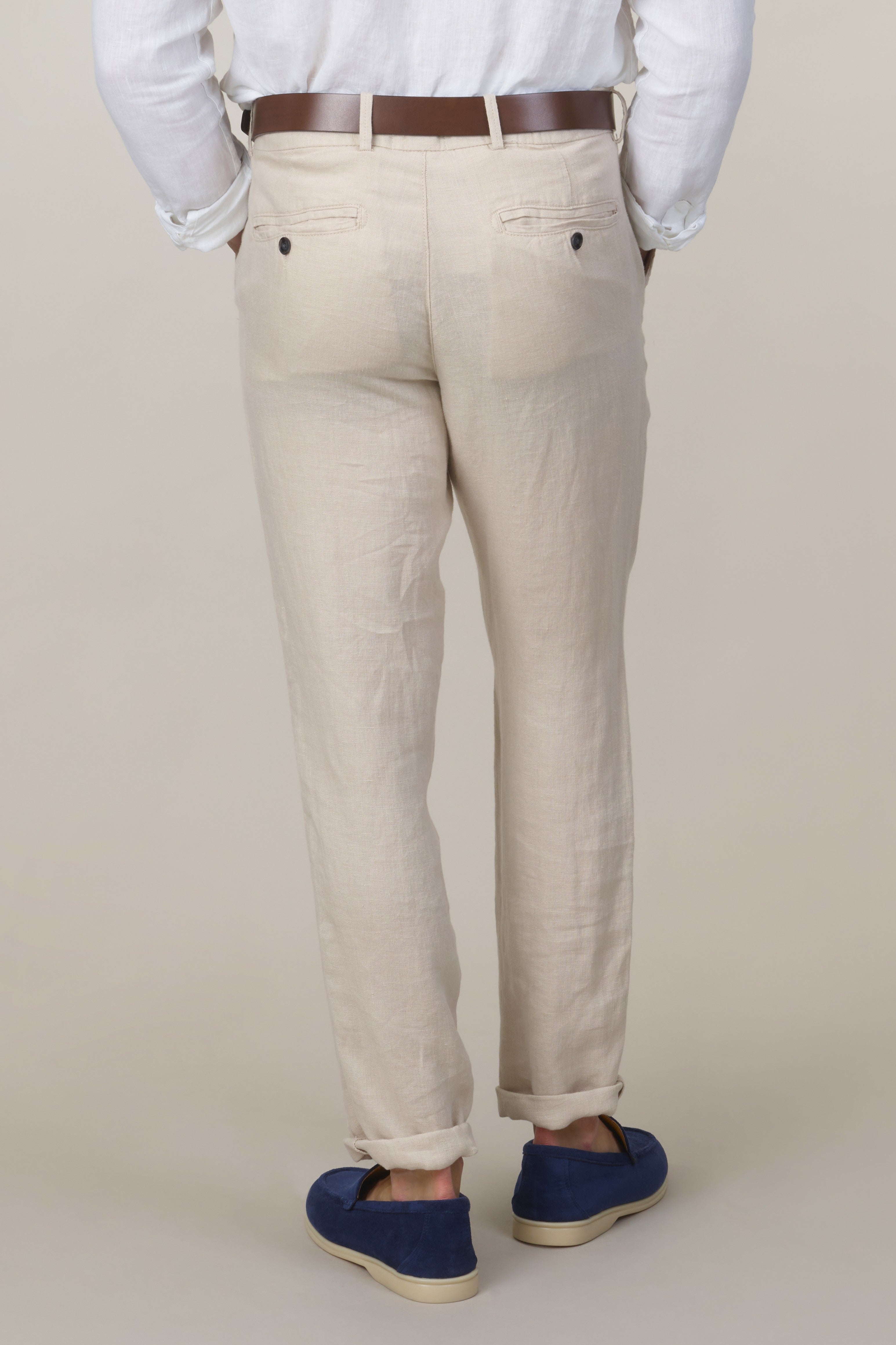 Straight Fit Linen Trousers - Beige