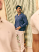 Buttonless Long Sleeve Cotton Knit Polo - Marine Blue