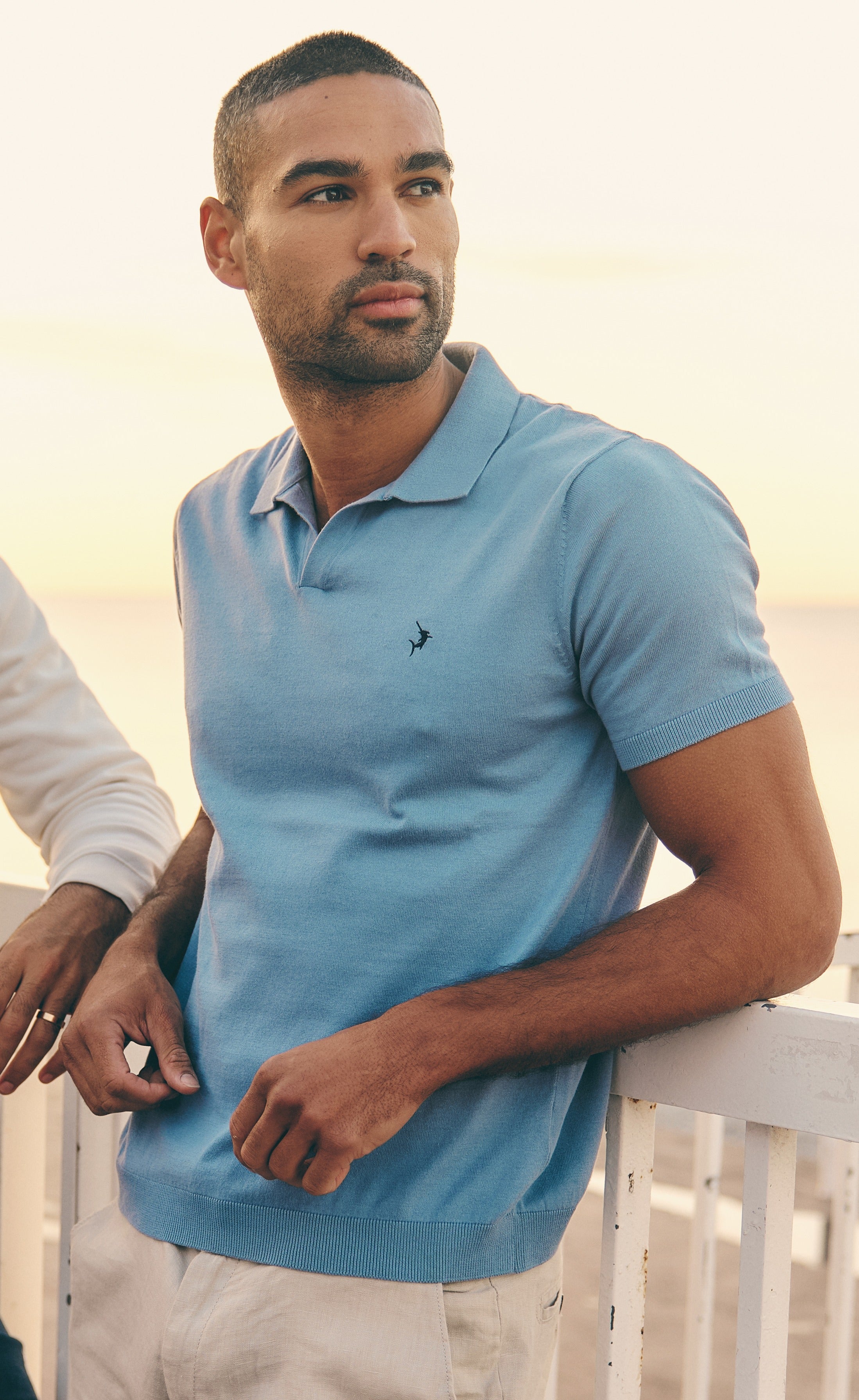 Buttonless Cotton Knit Polo Shirt - Sky Blue