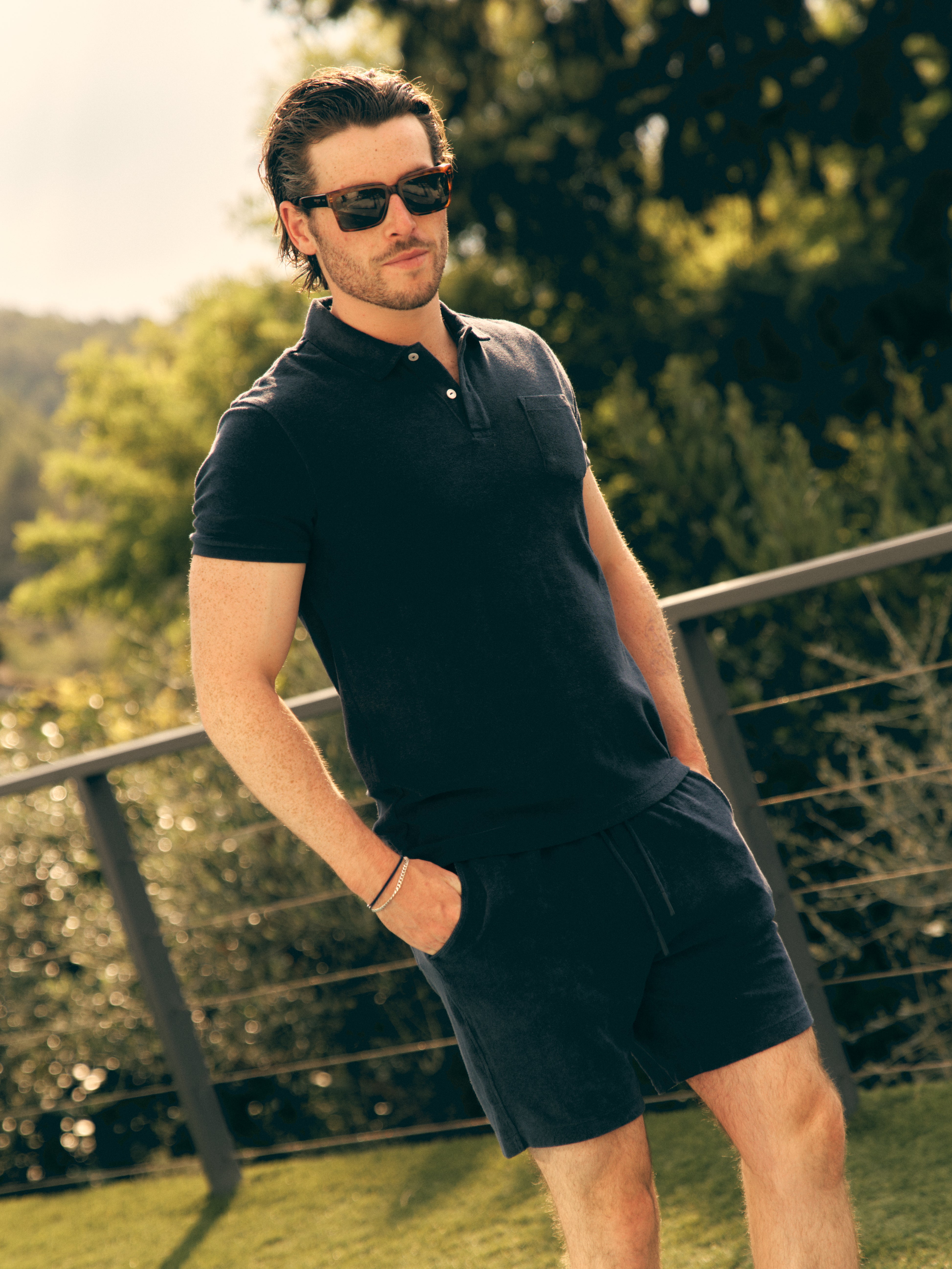 Classic Fit Towelling Polo - Navy